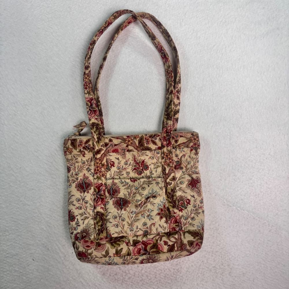 Floral Quilted Tote Bag Cotton Paisley Shoulder Purse Beige Pink Zip Top